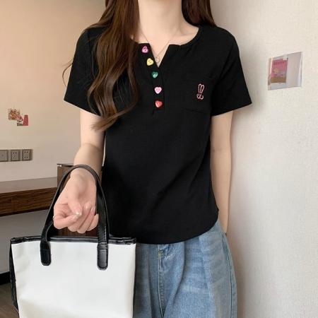 BY18265# 夏季新款韩版宽松显瘦胖mm弧形下摆纽扣短袖t恤女  服裝批發女裝批發服飾貨源