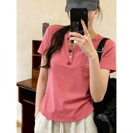 BY18265# 夏季新款韩版宽松显瘦胖mm弧形下摆纽扣短袖t恤女  服裝批發女裝批發服飾貨源