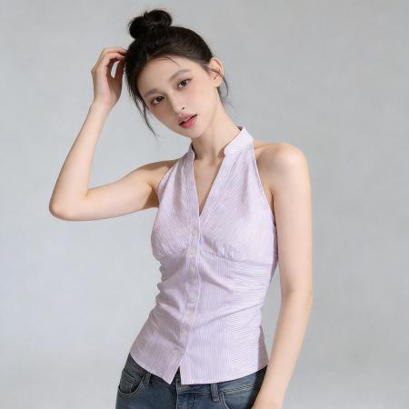 BY18266# 纯欲无袖翻领挂脖衬衫女夏季新款韩版修身上衣  服裝批發女裝批發服飾貨源