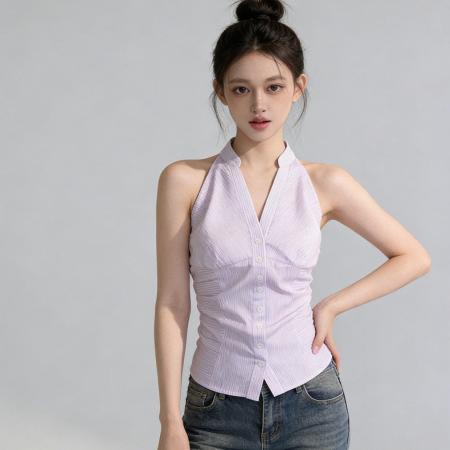 BY18266# 纯欲无袖翻领挂脖衬衫女夏季新款韩版修身上衣  服裝批發女裝批發服飾貨源