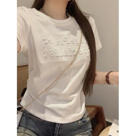 BY18267# 夏季新款韩版修身显瘦短袖T恤女收腰发泡上衣  服裝批發女裝批發服飾貨源