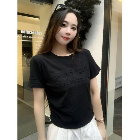 BY18267# 夏季新款韩版修身显瘦短袖T恤女收腰发泡上衣  服裝批發女裝批發服飾貨源