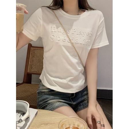 BY18267# 夏季新款韩版修身显瘦短袖T恤女收腰发泡上衣  服裝批發女裝批發服飾貨源