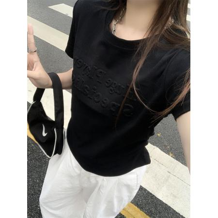 BY18267# 夏季新款韩版修身显瘦短袖T恤女收腰发泡上衣  服裝批發女裝批發服飾貨源