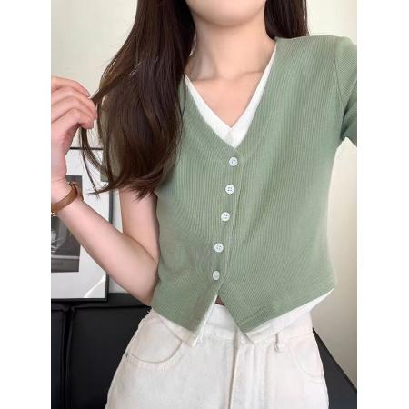 BY18268# 假两件单排扣不规则T恤女百搭夏装学院风小众修身显瘦上衣女  服裝批發女裝批發服飾貨源