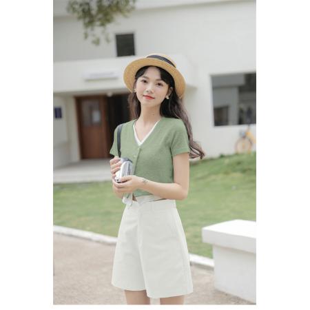 BY18268# 假两件单排扣不规则T恤女百搭夏装学院风小众修身显瘦上衣女  服裝批發女裝批發服飾貨源