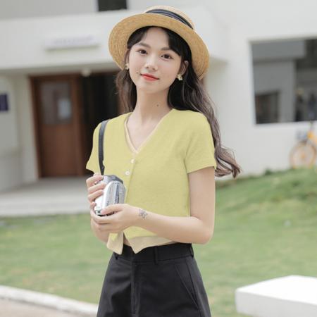 BY18268# 假两件单排扣不规则T恤女百搭夏装学院风小众修身显瘦上衣女  服裝批發女裝批發服飾貨源