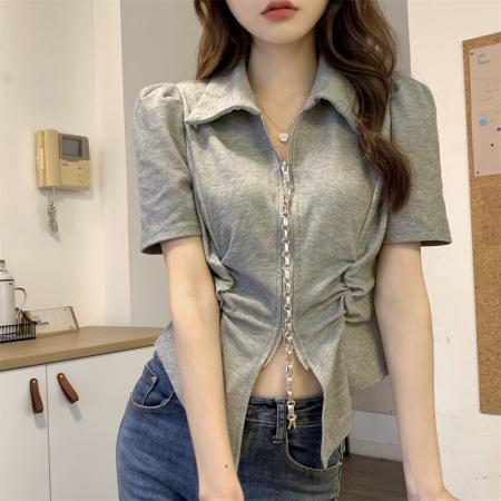 BY18269# 夏季设计不规则小众polo领短袖t恤大码胖妹妹双拉链显瘦上衣  服裝批發女裝批發服飾貨源