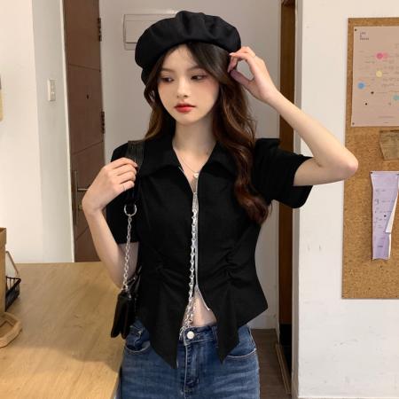 BY18269# 夏季设计不规则小众polo领短袖t恤大码胖妹妹双拉链显瘦上衣  服裝批發女裝批發服飾貨源