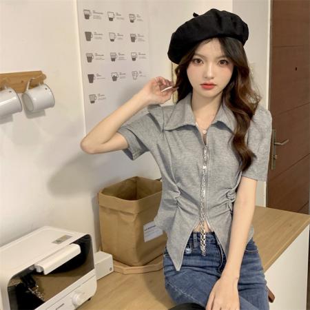 BY18269# 夏季设计不规则小众polo领短袖t恤大码胖妹妹双拉链显瘦上衣  服裝批發女裝批發服飾貨源