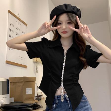 BY18269# 夏季设计不规则小众polo领短袖t恤大码胖妹妹双拉链显瘦上衣  服裝批發女裝批發服飾貨源