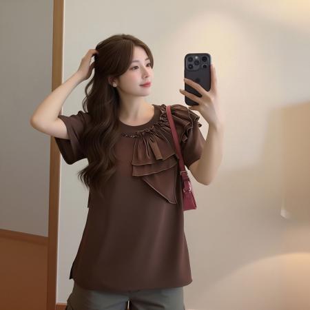 BY18270# 欧货大码荷叶边短袖T恤女夏新款宽松遮肉正肩休闲上衣ins  服裝批發女裝批發服飾貨源