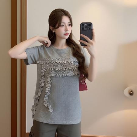 BY18271# 今年新款夏灰色短袖T恤女重工流苏花朵设计感洋气显瘦上衣  服裝批發女裝批發服飾貨源