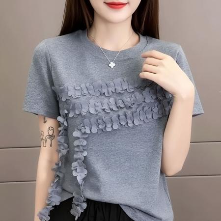 BY18271# 今年新款夏灰色短袖T恤女重工流苏花朵设计感洋气显瘦上衣  服裝批發女裝批發服飾貨源
