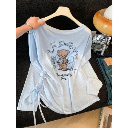 BY18272# 夏季新款宽松显瘦百搭斜肩小熊印花长袖T恤女上衣防晒罩衫潮  服裝批發女裝批發服飾貨源