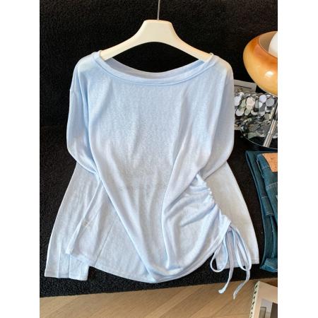 BY18272# 夏季新款宽松显瘦百搭斜肩小熊印花长袖T恤女上衣防晒罩衫潮  服裝批發女裝批發服飾貨源