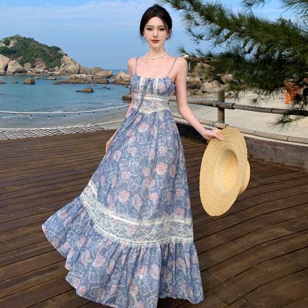 BY18273# 古着复刻小众蕾丝吊带连衣裙莫兰迪蓝碎花大摆裙  服裝批發女裝批發服飾貨源