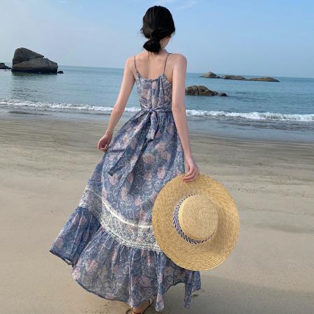 BY18273# 古着复刻小众蕾丝吊带连衣裙莫兰迪蓝碎花大摆裙  服裝批發女裝批發服飾貨源