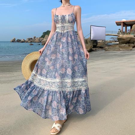 BY18273# 古着复刻小众蕾丝吊带连衣裙莫兰迪蓝碎花大摆裙  服裝批發女裝批發服飾貨源
