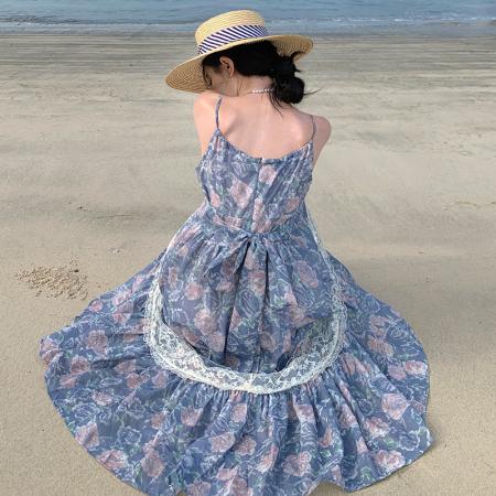 BY18273# 古着复刻小众蕾丝吊带连衣裙莫兰迪蓝碎花大摆裙  服裝批發女裝批發服飾貨源