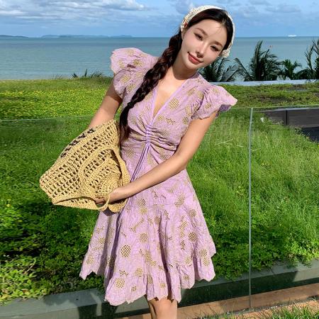 BY18274# 法式小众设计感小邹菊钩花镂空收腰显瘦连衣裙女  服裝批發女裝批發服飾貨源