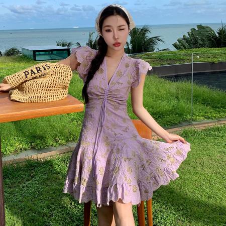 BY18274# 法式小众设计感小邹菊钩花镂空收腰显瘦连衣裙女  服裝批發女裝批發服飾貨源