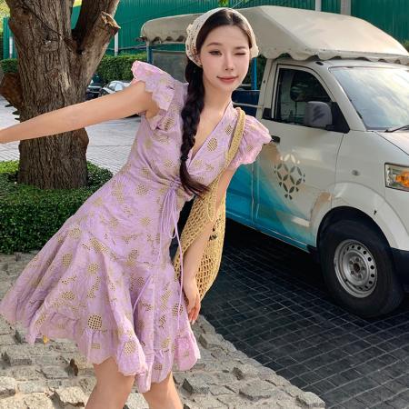 BY18274# 法式小众设计感小邹菊钩花镂空收腰显瘦连衣裙女  服裝批發女裝批發服飾貨源