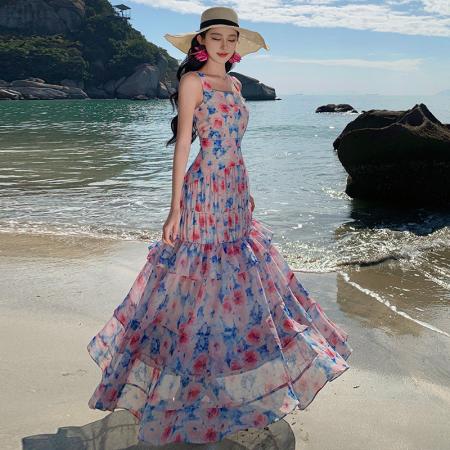 BY18275# 度假法式吊带连衣裙气质绝美碎花蛋糕裙长裙夏季新款女  服裝批發女裝批發服飾貨源