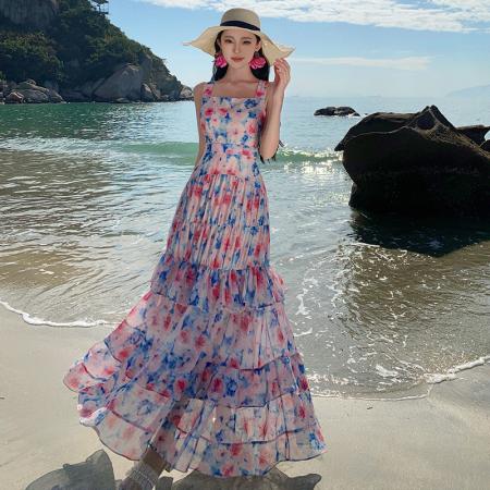 BY18275# 度假法式吊带连衣裙气质绝美碎花蛋糕裙长裙夏季新款女  服裝批發女裝批發服飾貨源