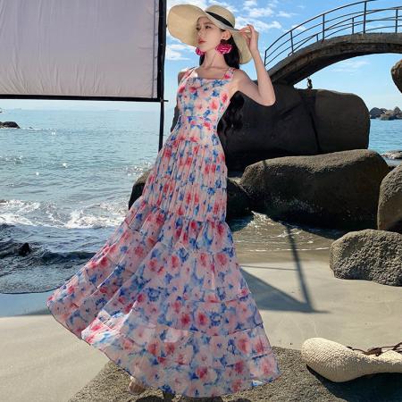 BY18275# 度假法式吊带连衣裙气质绝美碎花蛋糕裙长裙夏季新款女  服裝批發女裝批發服飾貨源