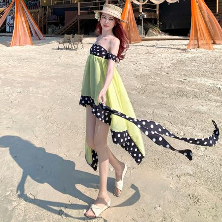 BY18276# 法式复古波点抹胸连衣裙女春夏纯欲网纱短裙  服裝批發女裝批發服飾貨源