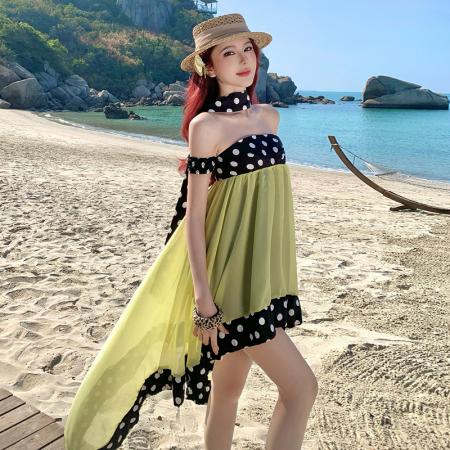 BY18276# 法式复古波点抹胸连衣裙女春夏纯欲网纱短裙  服裝批發女裝批發服飾貨源