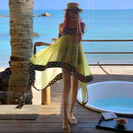 BY18276# 法式复古波点抹胸连衣裙女春夏纯欲网纱短裙  服裝批發女裝批發服飾貨源