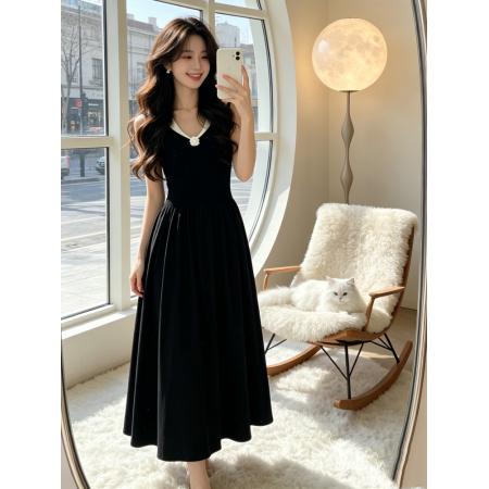 BY18280# 法式小香风撞色翻领钩花连衣裙女春夏季高级感气质百搭长裙  服裝批發女裝批發服飾貨源