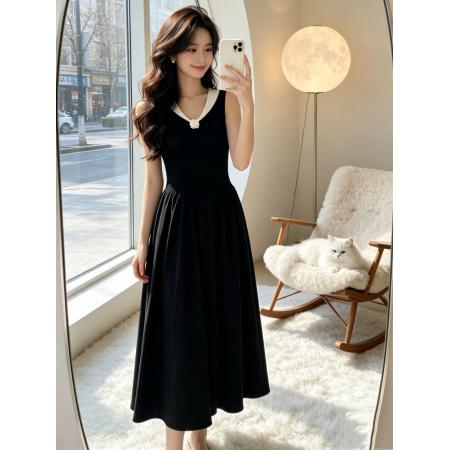 BY18280# 法式小香风撞色翻领钩花连衣裙女春夏季高级感气质百搭长裙  服裝批發女裝批發服飾貨源