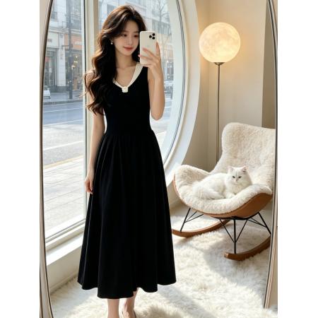 BY18280# 法式小香风撞色翻领钩花连衣裙女春夏季高级感气质百搭长裙  服裝批發女裝批發服飾貨源