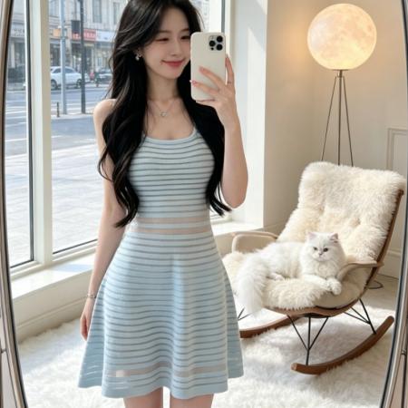 BY18281# 夏冰涧蜿蜒定染雾松兰清冷千金气质收腰显瘦针织连衣裙女  服裝批發女裝批發服飾貨源