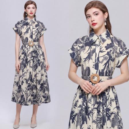BY18285# 优雅气质衬衫翻领连衣裙女收腰显瘦中长休闲印花裙子送腰带  服裝批發女裝批發服飾貨源