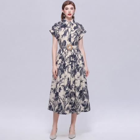 BY18285# 优雅气质衬衫翻领连衣裙女收腰显瘦中长休闲印花裙子送腰带  服裝批發女裝批發服飾貨源