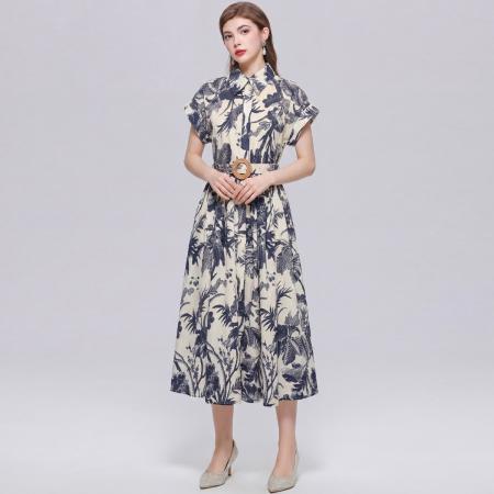 BY18285# 优雅气质衬衫翻领连衣裙女收腰显瘦中长休闲印花裙子送腰带  服裝批發女裝批發服飾貨源