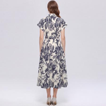 BY18285# 优雅气质衬衫翻领连衣裙女收腰显瘦中长休闲印花裙子送腰带  服裝批發女裝批發服飾貨源