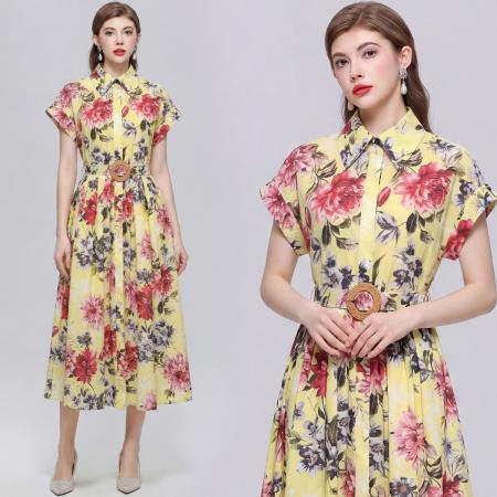 BY18286# 优雅气质衬衫翻领连衣裙女收腰显瘦中长休闲印花裙子送腰带  服裝批發女裝批發服飾貨源
