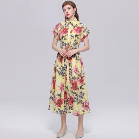 BY18286# 优雅气质衬衫翻领连衣裙女收腰显瘦中长休闲印花裙子送腰带  服裝批發女裝批發服飾貨源