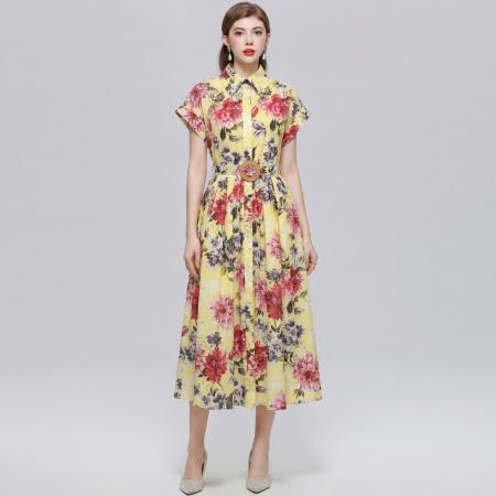 BY18286# 优雅气质衬衫翻领连衣裙女收腰显瘦中长休闲印花裙子送腰带  服裝批發女裝批發服飾貨源