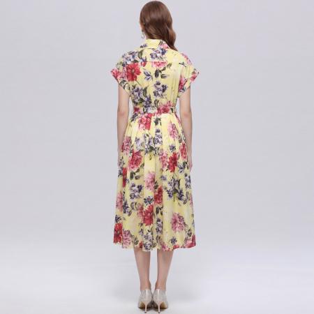 BY18286# 优雅气质衬衫翻领连衣裙女收腰显瘦中长休闲印花裙子送腰带  服裝批發女裝批發服飾貨源