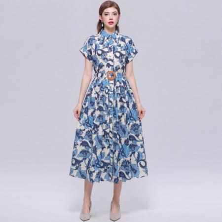 BY18287# 优雅气质衬衫翻领连衣裙女收腰显瘦中长休闲印花裙子送腰带  服裝批發女裝批發服飾貨源