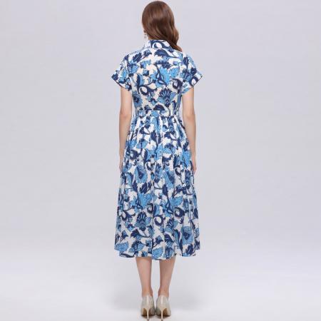 BY18287# 优雅气质衬衫翻领连衣裙女收腰显瘦中长休闲印花裙子送腰带  服裝批發女裝批發服飾貨源