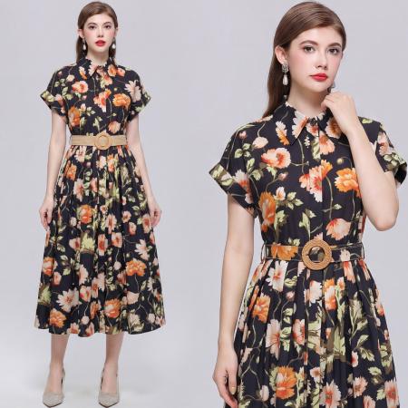 BY18288# 优雅气质衬衫翻领连衣裙女收腰显瘦中长休闲印花裙子送腰带  服裝批發女裝批發服飾貨源