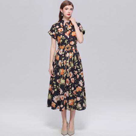 BY18288# 优雅气质衬衫翻领连衣裙女收腰显瘦中长休闲印花裙子送腰带  服裝批發女裝批發服飾貨源