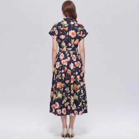 BY18288# 优雅气质衬衫翻领连衣裙女收腰显瘦中长休闲印花裙子送腰带  服裝批發女裝批發服飾貨源